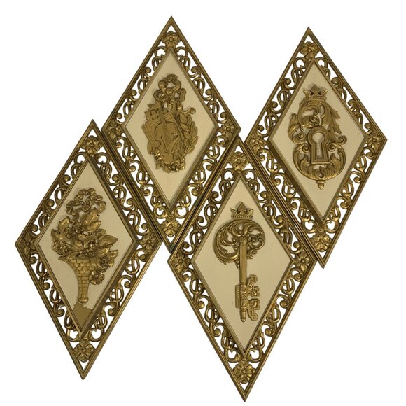 Vintage Dart Ind. Gold Diamond Wall Plaques Set Of 4 Floral & Key Design USA - Picture 1 of 4